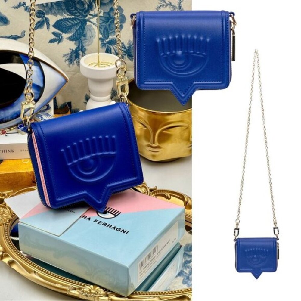 🆕 CHIARA FERRAGNI 🧿 BNIB Eyelike Motif Chain Linked Wallet - Blue - WOC